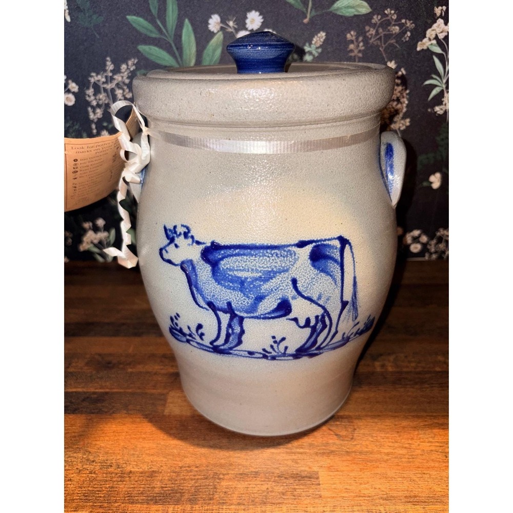 Rowe Pottery Salt Glazed Stoneware Crock Cobalt Blue Cow Lidded Canister